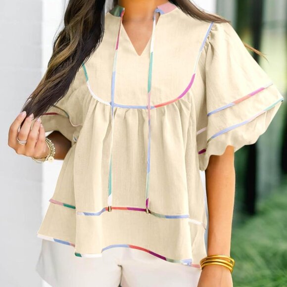 Womens Summer Babydoll Tops V Neck Short Lantern Sleeve Shirts Cute Loose Fit Pe - Picture 3 of 6